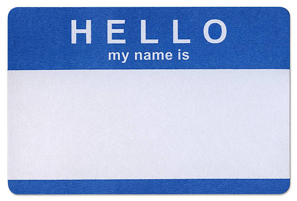 Blue Hello sticker template in white background 'Hello my name is' adhesive sticker on white identity stock pictures, royalty-free photos & images