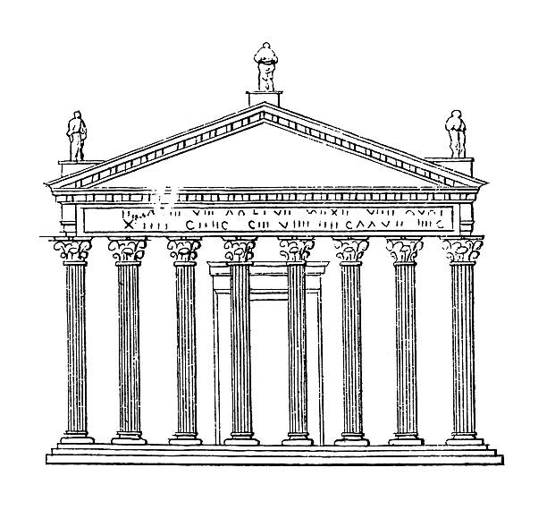 Temple of Jupiter Optimus Maximus, Rome, Italy | Architectural Illustrations "Antique engraving showing the model of the Temple of Jupiter Optimus Maximus, whose remains are located on the Capitoline Hill, Rome, Italy. Illustration published  in Systematische Bilder-Gallerie, Karlsruhe und Freiburg (1839)." capitoline hill stock illustrations