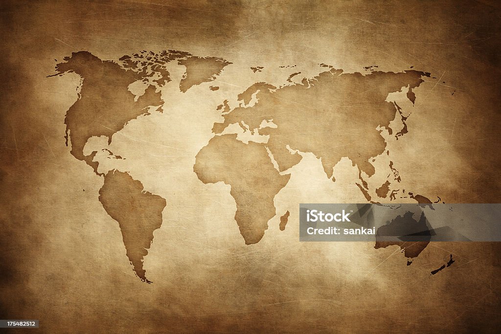 Aged style world map, paper texture background "Aged style world map, paper texture background" World Map Stock Photo