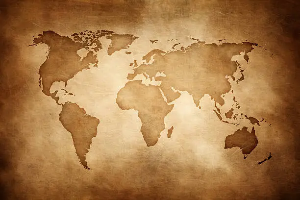 "Aged style world map, paper texture background"