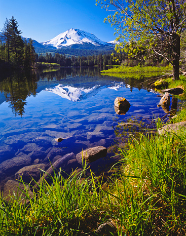 The calm waters of Manzanita Lake reflect Lassen Volcanic National Park in California