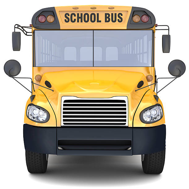Close-up of front of yellow school bus on white background stock photo
