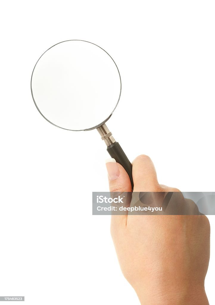 Frau hand holding Lupe, isoliert auf weißem Hintergrund - Lizenzfrei Analysieren Stock-Foto
