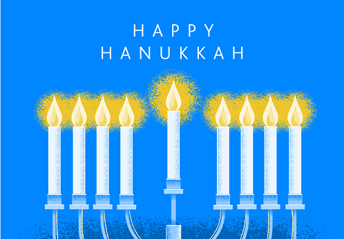 Vector illustration of a Happy Hanukkah greeting design with Menorah and lit candles with lot's of brush textures. Easy to edit and customize. Includes high resolution jpg and vector eps.