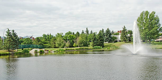 People enjoying a sunny Summer afternoon by the lake in Montreal's parc Lafontaine. They are sitting on benches, resting or having a conversation.