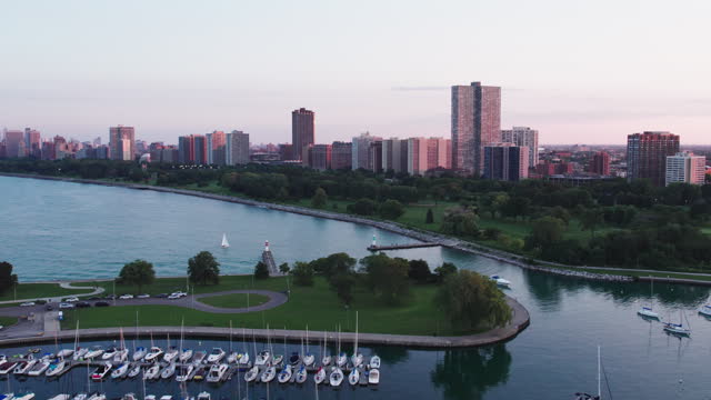 Drone Shot of Boats and Montrose Harbor in Chicago, IL at Sunset