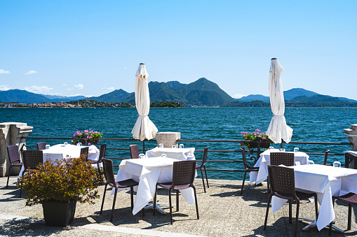 A terrace in Baveno, with a view on Lake Maggiore, in Northern Italy (great lakes region)