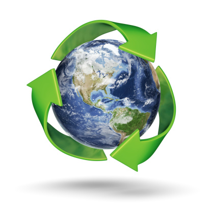A 3D Rendering of Earth surrounded by the recycle symbol with Clipping Path