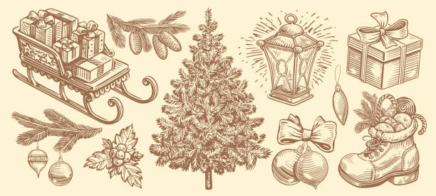 Christmas, New Year set of retro objects in sketch style. Happy holidays concept. Vintage hand drawn vector illustration