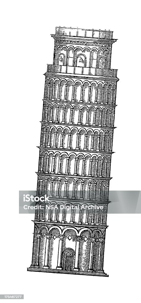 Пизанская башня, Italy/античный архитектурные иллюстрации - Стоковые иллюстрации Гравировка роялти-фри