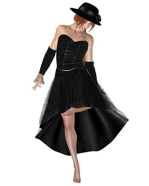 Pretty red haired woman in black lace dress and hat with a black rose on the brim, 3d digitally rendered illustration