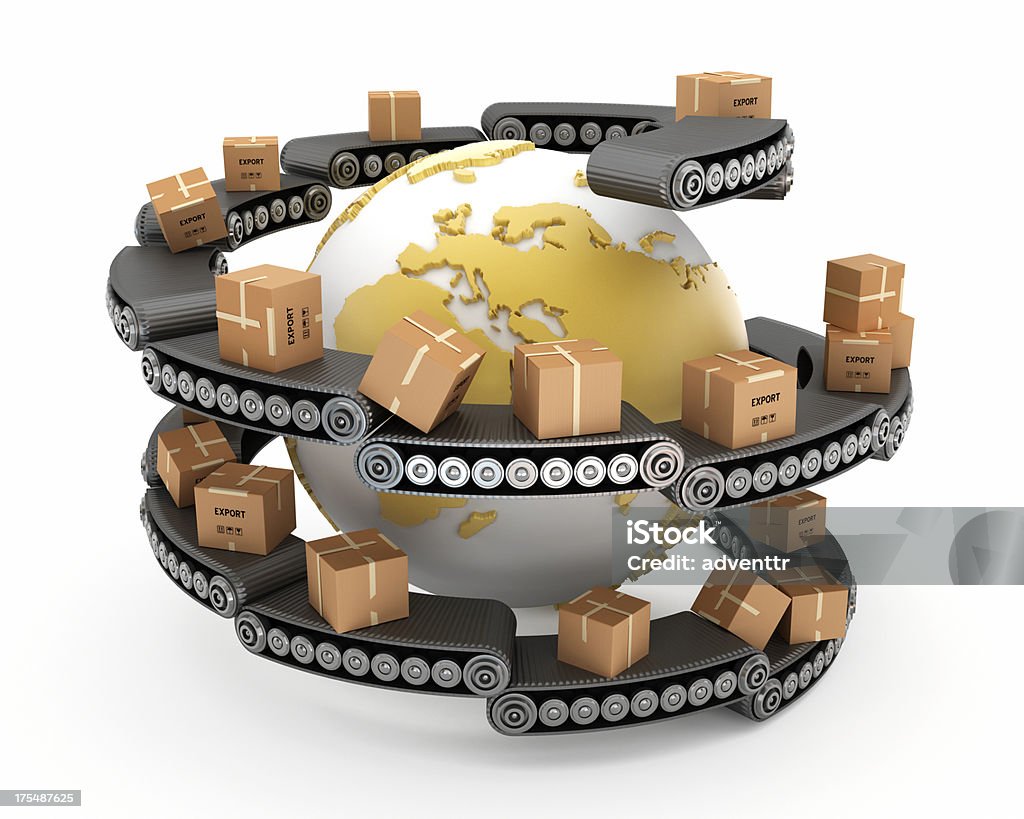 Welt umgeben von Kartons auf der Förderanlage Gürtel - Lizenzfrei Globus Stock-Foto