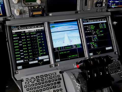 Close up of the central console of an Airbus 380 cockpit showing the Flight Management Computer (FMC) displays and the throttle levers. The middle display panel is in the external video mode depicting live images from the cameras at the tail fin and belly of the aircraft.