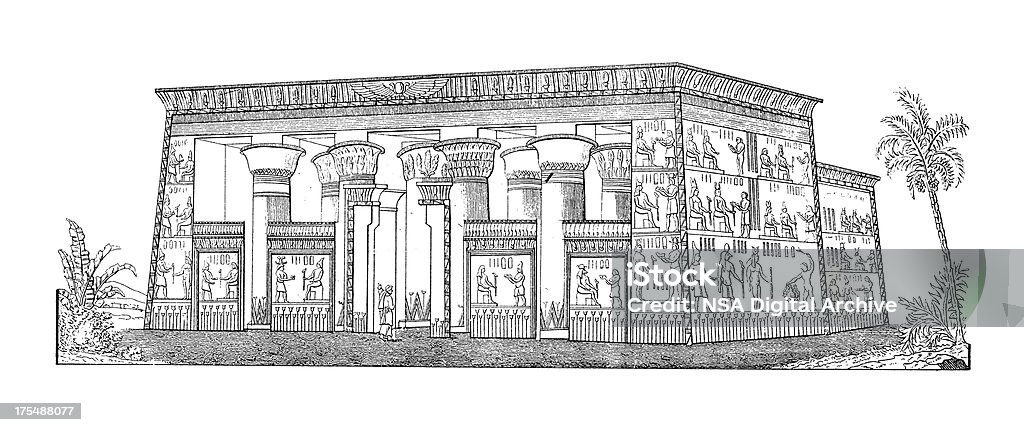 Ancient Egyptian Temple in Esna | Antique Architectural Illustrations "Antique engraving of an ancient Egyptian temple in Esna, a city on the bank of Nile River in Egypt also known as Latopolis. Engraving published in Systematische Bilder-Gallerie, Karlsruhe und Freiburg (1839)." Egypt stock illustration
