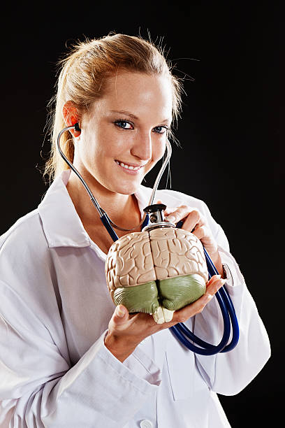 pretty doctor sonrisas como ella utiliza estetoscopio en el modelo del cerebro - re2012005 vertical looking at camera waist up fotografías e imágenes de stock