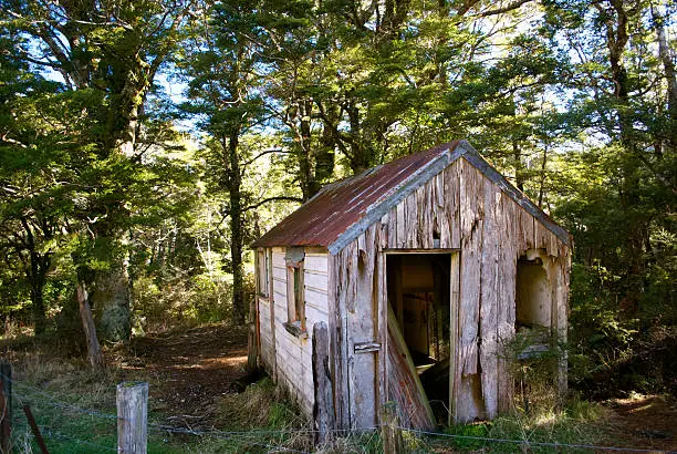 An abandoned old homestead in disrepair on the edge of the Kahurangi National Park, Tasman Region, New Zealand.