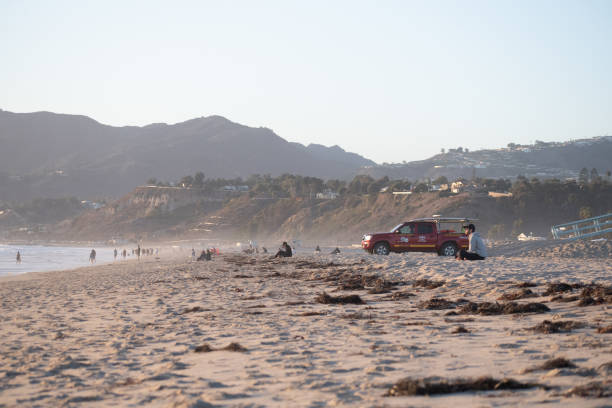 camion sauveteur et personnes profitant de la plage à l’heure dorée - lifeguard santa monica beach city of los angeles beach photos et images de collection