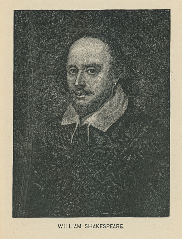Chandos Portrait of William Shakespeare (1564 - 1616), by John Taylor. Vintage etching circa 19th century.