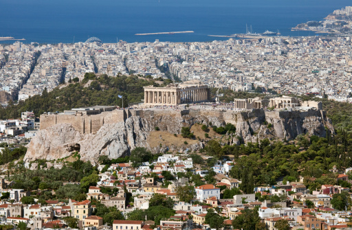 Aerial panoramic photo of Athens Historical Center - Acropolis of Athens, Mitropoleos area, Cathedral of Athens and the hill of Lycabetus - Greece