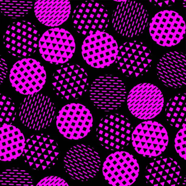 Vector illustration of Small different purple circles isolated on a black background. Monochrome seamless pattern. Vector simple flat graphic illustration. Texture.