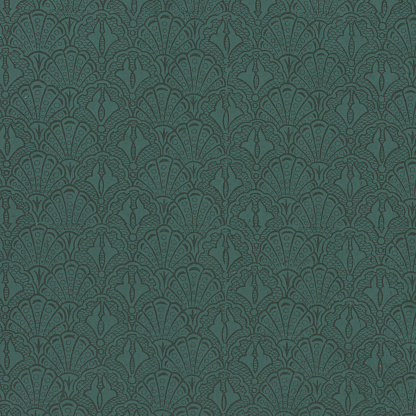 Close up of green antique paper texture with Art Nouveau scalloped pattern.