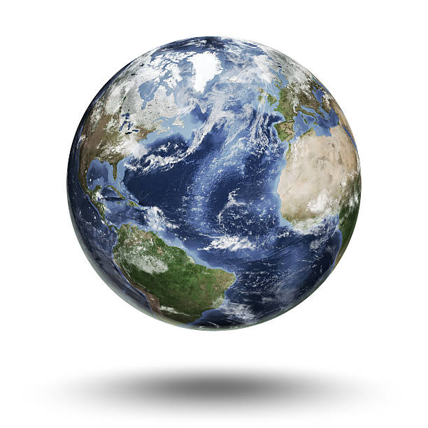 schwimmende globus konzentriert sich gleichzeitig auf den atlantischen ozean - planet sphere globe usa stock-fotos und bilder
