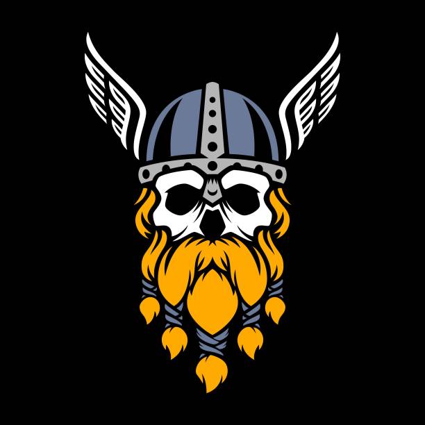 ilustraciones, imágenes clip art, dibujos animados e iconos de stock de calavera de vikingo con ala en el casco - viking mascot warrior pirate