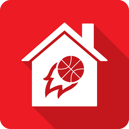 Vector illustration of a house with basketball on fire icon against a red background in flat style.