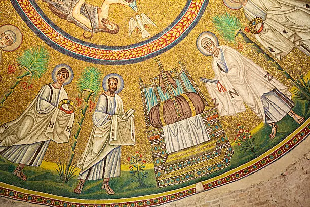 Photo of Byzantine mosaic in Arians Baptistery. Ravenna. Italy.