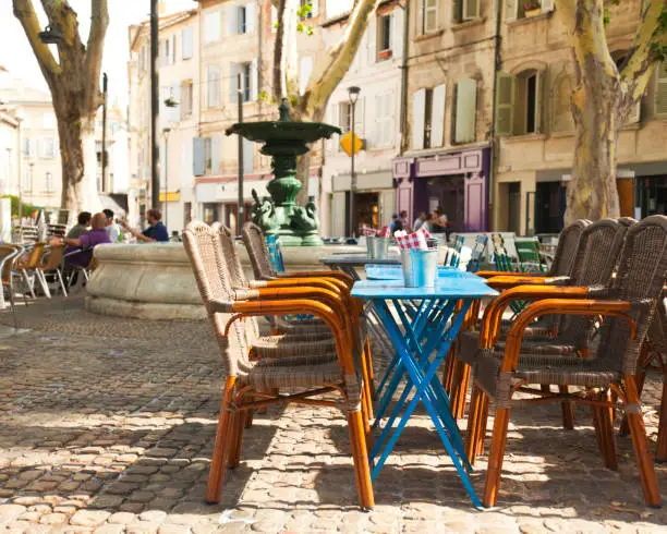 "Small square with fountain and cafes in Avignon, Provence, FranceSee also:"