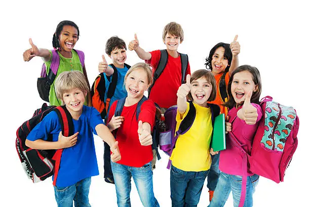 Large group of happy school kids wearing colorful t-shirts are showing ok sign and looking at camera. They are isolated on white.