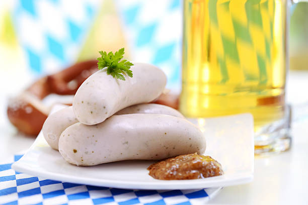 Fresh beer with white sausage- Beer Fest Fresh beer with white sausage - Beer Fest- XXXL Image weisswurst photos stock pictures, royalty-free photos & images