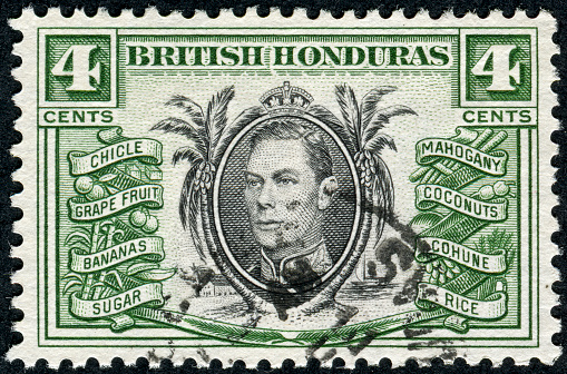 Cancelled Stamp From British Honduras (Now Belize) Featuring Many Of The Most Profitable Exports Of The Time.