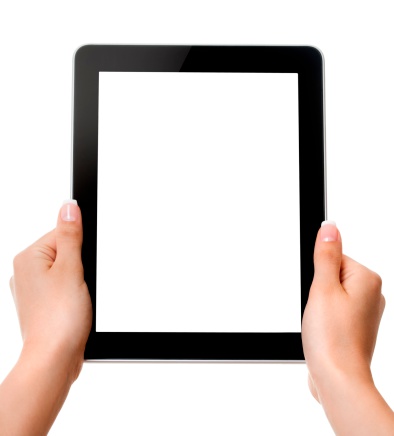 Young womand hands holding a Tablet computer on white background