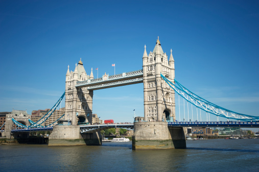 Classic view of Tower Bridge London with the River Thames on a blue sky day