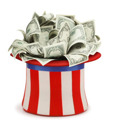 Hat worn by Uncle Sam filled with money. Clipping path included.To see more of my patriotic images click on the link below: