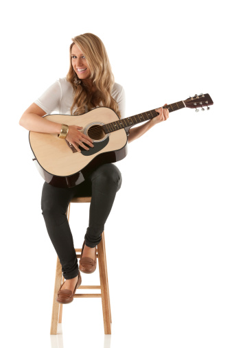 Attractive woman sitting on stool and playing a guitarhttp://www.twodozendesign.info/i/1.png