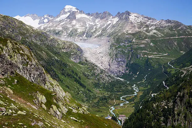Rhône glacier with Galenstock and Furka Pass, Canton Berne, Switzerland.
