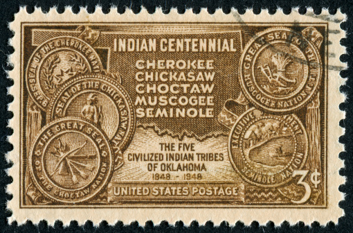 Cancelled Stamp From The United States Featuring Five Native American Tribes That Were Forced To Resettle In The State Of Oklahoma.