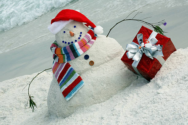 Snowman made of Sand on Florida Beach for Christmas Christmas time in Florida! Very creative snowman made of sand wearing Santa Hat on the Florida Beach in the panhandle of Florida. florida christmas stock pictures, royalty-free photos & images