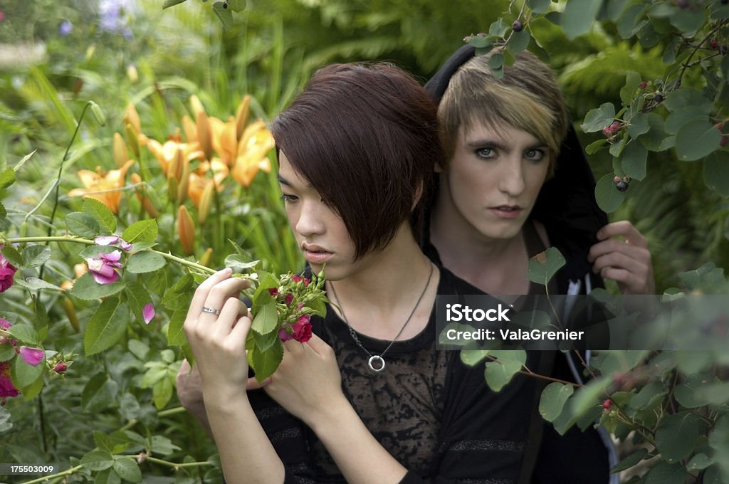 Relationship difficulties between two young men. "Horizontal outdoor garden shot of young gay couple, one with back to other." 18-19 Years Stock Photo