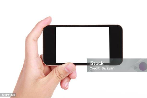 Mão Segurar Ecrã Em Branco Telefone Inteligente Sobre Fundo Branco - Fotografias de stock e mais imagens de Telefone