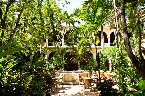 istock colonial architecture: lush courtyard with tables and fountain 175505243