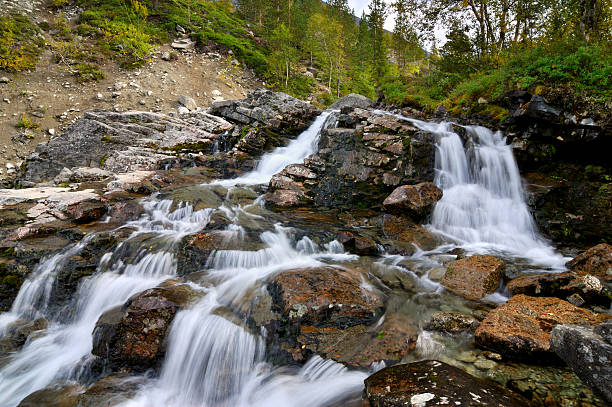 Mountain stream in Khibiny Mountains stock photo