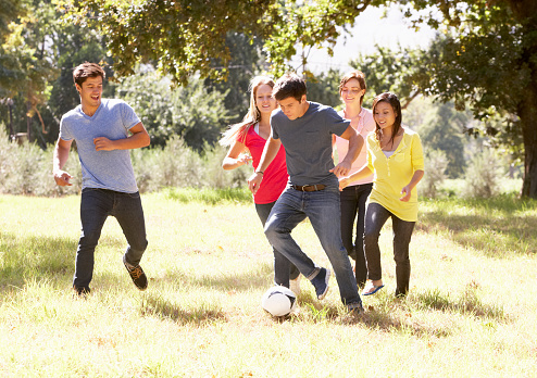 Group Of Young Friends Playing Soccer In Countryside In Sunshine