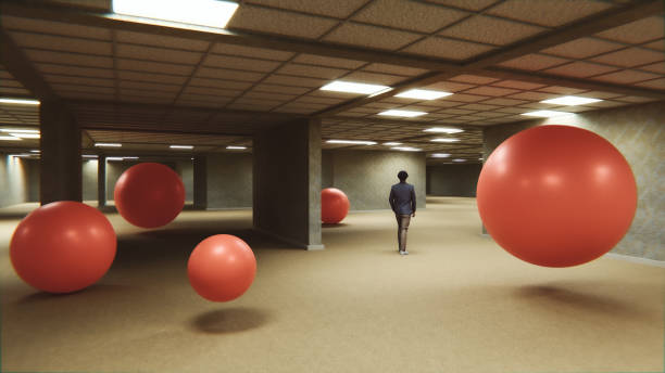 Young businessman walking in surreal underground retro office. 3D generated image.
