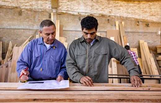 Team of Latin American carpenters manufacturing furniture and looking at the blueprint of a design while working at a wood factory