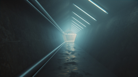 Spooky empty city corridor. 3D generated image.