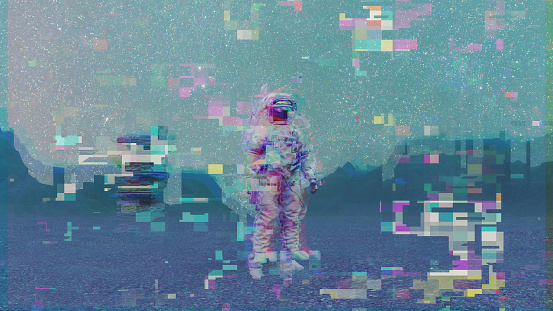 Abstract glitchy astronaut walking on Moon surface. 3D generated image.