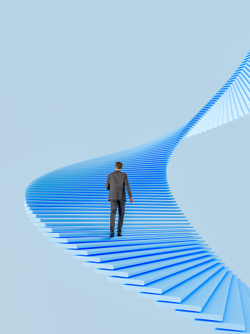 Businessman walking up the abstract stairs. 3D generated image.